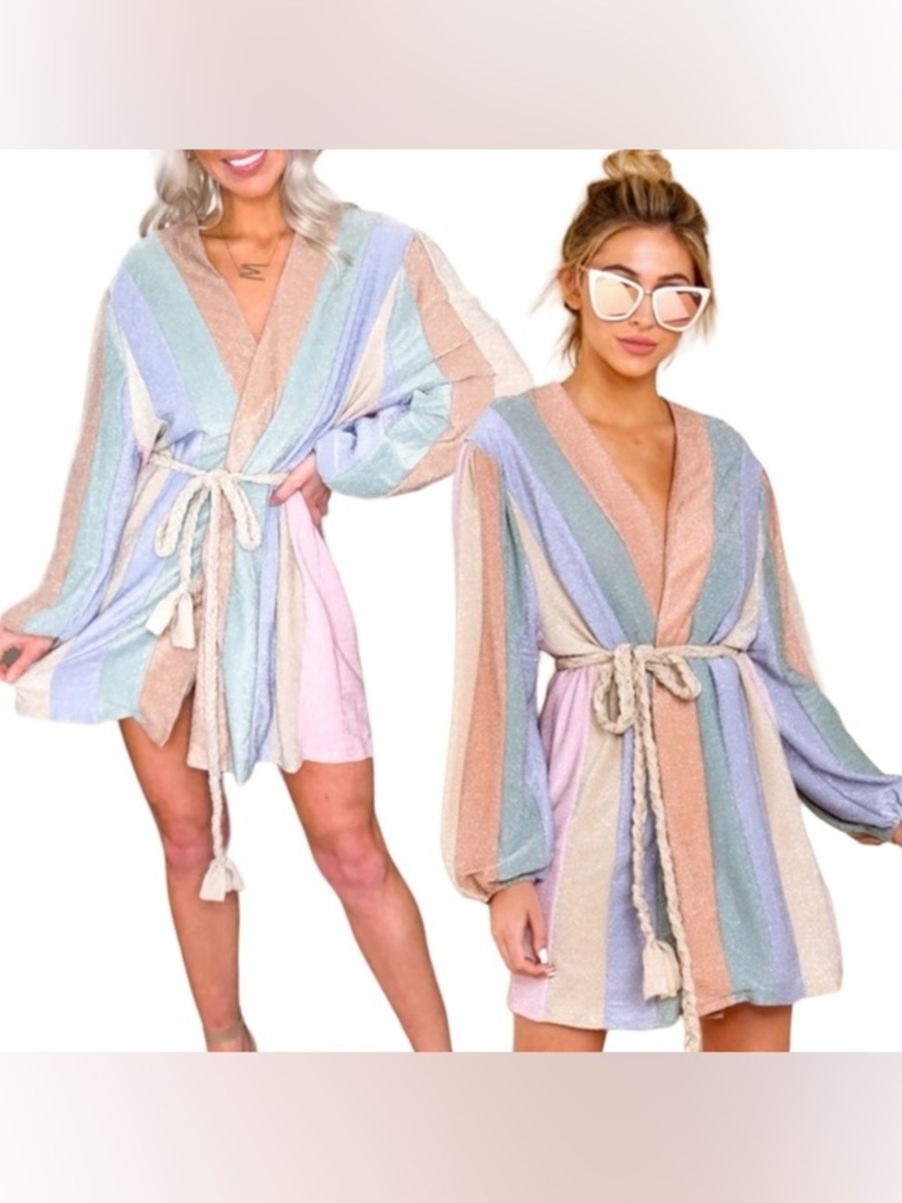 Pastel rainbow wrap dress robe long sleeve shimmery glitter metallic QOS mini